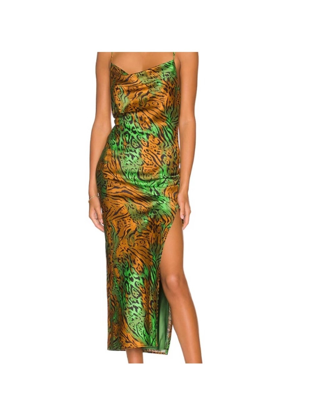 Camila Coelho Green & Brown Animal-Print High-Low Slip Dress